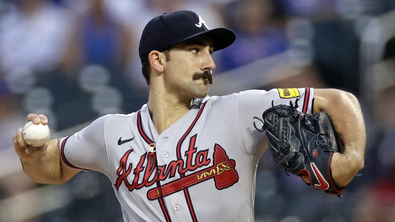 Atlanta Braves pitcher Spencer Strider throws to a New York Mets batter during the first inning in the second baseball game of a doubleheader on Saturday, Aug. 12, 2023, in New York. (Adam Hunger/AP)