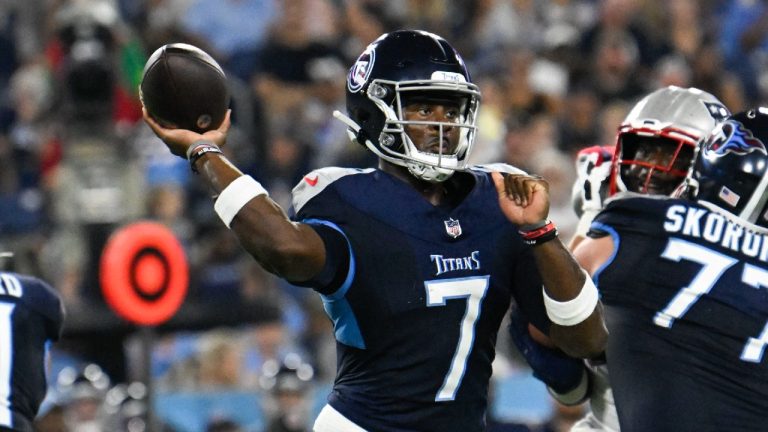 Tennessee Titans quarterback Malik Willis (7) passes in the first half of an NFL preseason football game against the New England Patriots Friday, Aug. 25, 2023, in Nashville, Tenn. (John Amis/AP)