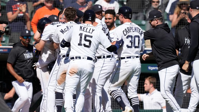 The Detroit Tigers celebrate their 10th inning win against the New York Yankees in a baseball game, Thursday, Aug. 31, 2023, in Detroit. (Carlos Osorio/AP)