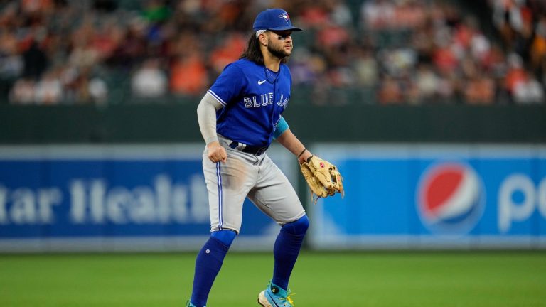 Toronto Blue Jays shortstop Bo Bichette waits for a pitch during the second inning of a baseball game against the Baltimore Orioles, Wednesday, Aug. 23, 2023, in Baltimore. (Julio Cortez/AP)