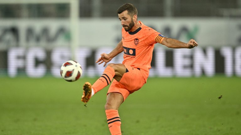 Valencia's Jose Gaya plays the ball during the friendly soccer match between Switzerland's FC St. Gallen and Spain's Valencia CF. (Gian Ehrenzeller/Keystone via AP)