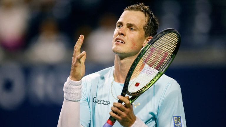 Canada’s Vasek Pospisil reacts after losing a point to Matteo Arnaldi, of Italy, at the National Bank Open tennis tournament in Toronto, Monday, Aug. 7, 2023. (Cole Burston/CP Photo)
