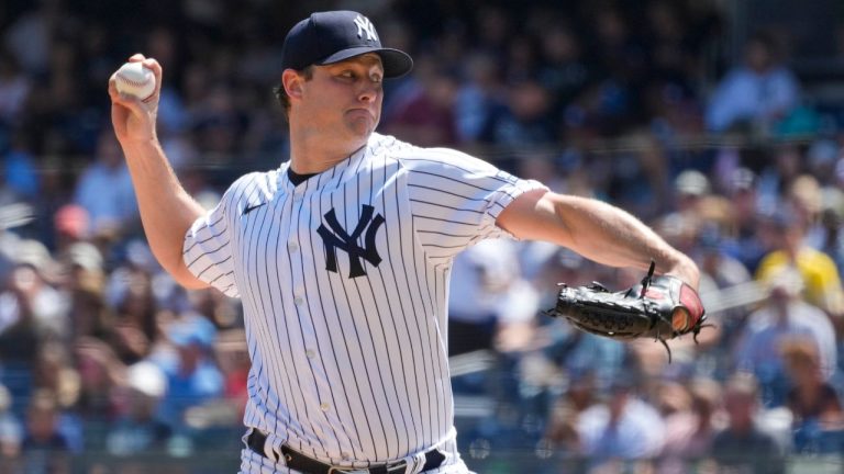 New York Yankees pitcher Gerrit Cole delivers against the Boston Red Sox in the first inning of a baseball game, Saturday, Aug. 19, 2023, in New York. (Mary Altaffer/AP Photo)