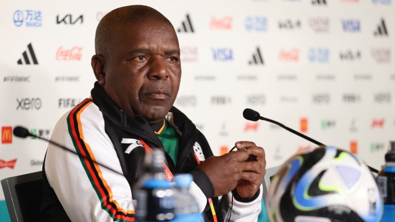 Zambia head coach Bruce Mwape reacts during a press conference Friday, July 21, 2023 in Hamilton, New Zealand, ahead of opening match and Women's World Cup game against Japan on July 22. (Juan Mendez/AP)