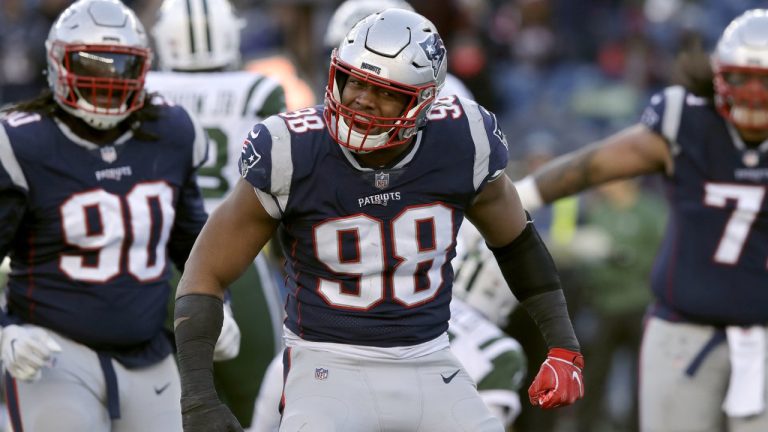 New England Patriots defensive end Trey Flowers reacts after sacking New York Jets quarterback Sam Darnold during the second half of an NFL football game, Sunday, Dec. 30, 2018, in Foxborough, Mass. (Charles Krupa/AP)