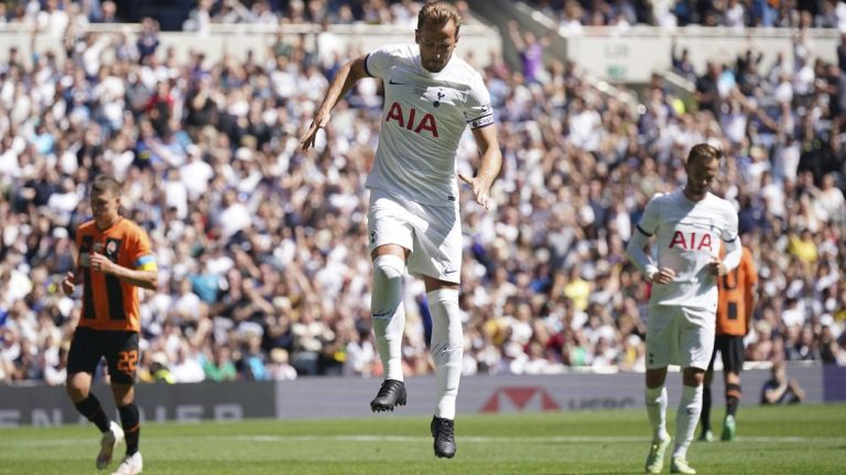 Tottenham's Harry Kane celebrates scoring his side's first goal of the game from the penalty spot during the pre-season friendly soccer match between Tottenham and Shakhtar Donetsk, at the Tottenham Hotspur Stadium, London Sunday August 6, 2023. (Yui Mok/PA via AP)