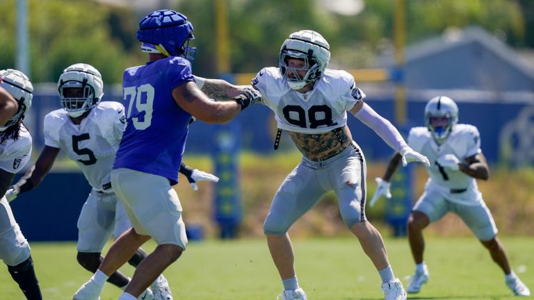 Las Vegas Raiders defensive end Maxx Crosby (98) participates in a drill against Los Angeles Rams offensive tackle Rob Havenstein (79) during a joint NFL football practice, Wednesday, Aug. 16, 2023, in Thousand Oaks, Calif. (Ryan Sun/AP)