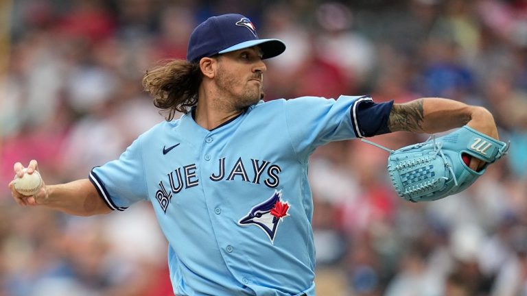 Toronto Blue Jays' Kevin Gausman pitches to a Cleveland Guardians batter during the first inning of a baseball game Wednesday, Aug. 9, 2023, in Cleveland. (Sue Ogrocki/AP Photo)