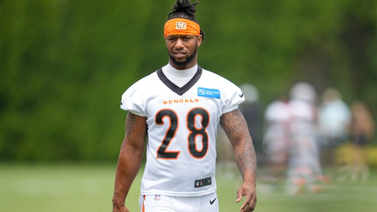 Cincinnati Bengals running back Joe Mixon (28) prepares to perform a drill during the NFL football team's training camp, Thursday, July 27, 2023, in Cincinnati. (Jeff Dean/AP)