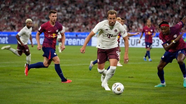 Bayern's Harry Kane controls the ball during the German Super Cup final between FC Bayern Munich and RB Leipzig at the Allianz Arena stadium in Munich, Germany, Saturday, Aug. 12, 2023. (Matthias Schrader/AP)