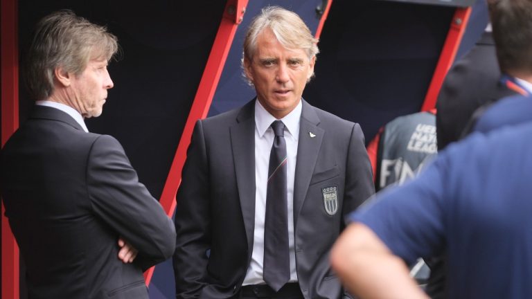 Former Italy coach Roberto Mancini waits for the start of the Nations League third place soccer match between the Netherlands and Italy at De Grolsch Veste stadium in Enschede, Netherlands, Sunday, June 18, 2023. (Patrick Post/AP)