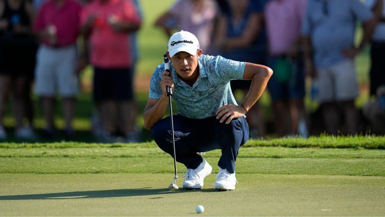 Collin Morikawa lines up a putt on the 17th green during the second round of the Tour Championship golf tournament, Friday, Aug. 25, 2023, in Atlanta. (Mike Stewart/AP Photo)