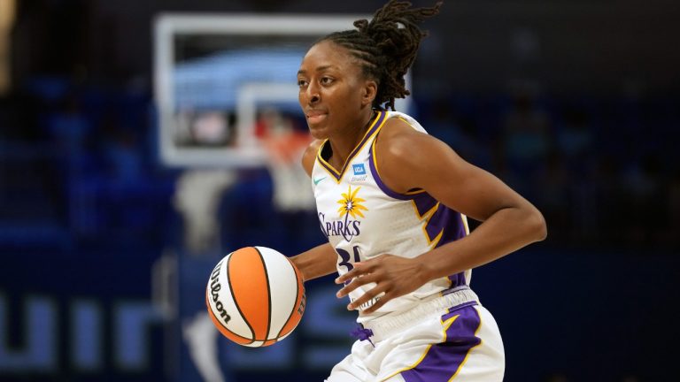 Los Angeles Sparks forward Nneka Ogwumike dribbles during the second half of a WNBA basketball basketball game against the Dallas Wings in Arlington, Texas, Wednesday, June 14, 2023. (LM Otero/AP)