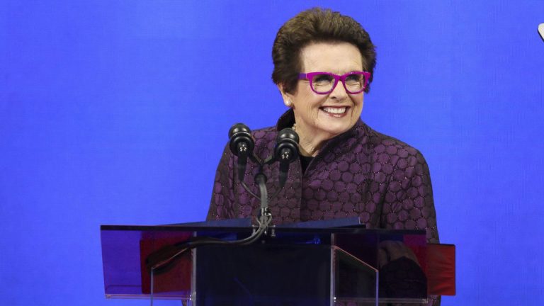 Tennis legend Billie Jean King speaks during the opening ceremony of the of the U.S. Open tennis championships. (Jason DeCrow/AP)
