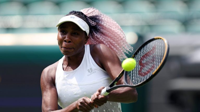 Venus Williams practices at the All England Lawn Tennis and Croquet Club in Wimbledon, ahead of the championships. (AP Photo)
