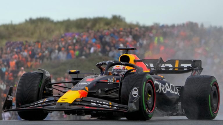 Dutch Formula One driver Max Verstappen of Red Bull Racing steers his car during the qualifying session ahead of Sunday's Formula One Dutch Grand Prix auto race, at the Zandvoort racetrack, in Zandvoort, Netherlands, Saturday, Aug. 26, 2023. (Peter Dejong/AP)