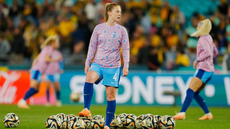 England's Keira Walsh warms up before the Women's World Cup semifinal soccer match between Australia and England at Stadium Australia in Sydney, Australia, Wednesday, Aug. 16, 2023. (Abbie Parr/AP)