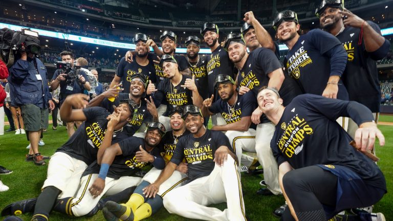 Milwaukee Brewers' players celebrate after clinching the National League Central Division after a baseball game against the St. Louis Cardinals Tuesday, Sept. 26, 2023, in Milwaukee. (Morry Gash/AP)