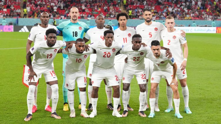 Canada players pose ahead of Group F World Cup soccer action against Belgium at Ahmad bin Ali Stadium in Al Rayyan, Qatar, on Wednesday, Nov. 23, 2022. (Nathan Denette/CP)