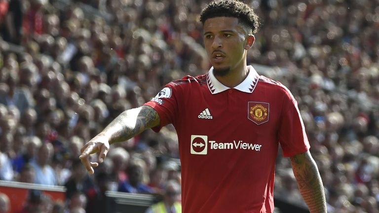 Manchester United's Jadon Sancho during the English Premier League soccer match between Manchester United and Fulham at Old Trafford in Manchester, England, Sunday, May 28, 2023. (Rui Vieira/AP)
