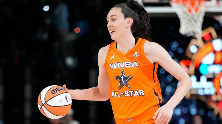 New York Liberty's Breanna Stewart plays during the second half of a WNBA All-Star basketball game Saturday, July 15, 2023, in Las Vegas. (John Locher/AP) 