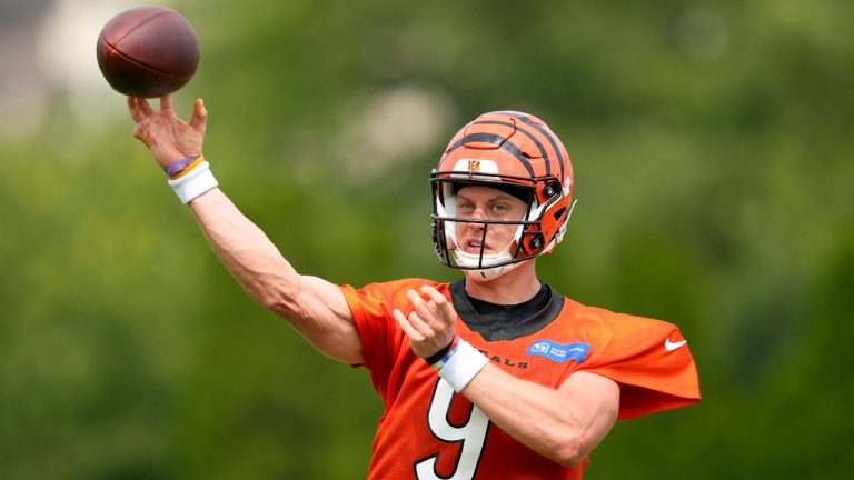 Cincinnati Bengals quarterback Joe Burrow throws during the NFL football team's training camp, Wednesday, July 26, 2023, in Cincinnati. (Jeff Dean/AP)