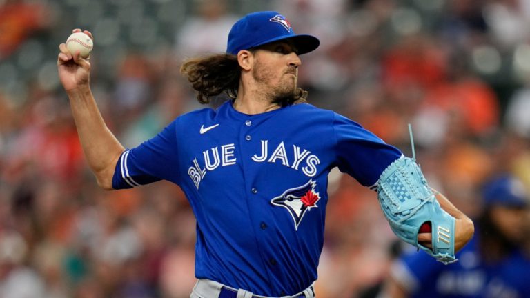 Toronto Blue Jays starting pitcher Kevin Gausman throws to a Baltimore Orioles batter during the first inning of a baseball game Wednesday, Aug. 23, 2023, in Baltimore. (AP Photo/Julio Cortez)