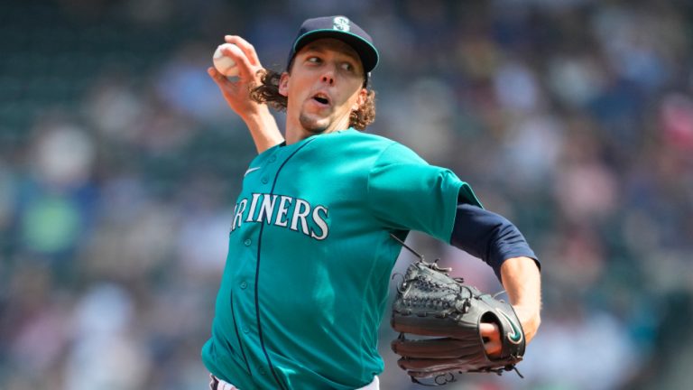 Seattle Mariners starting pitcher Logan Gilbert throws in a baseball game against the Kansas City Royals Saturday, Aug. 26, 2023 in Seattle. (AP Photo/Lindsey Wasson) 