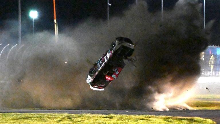 Ryan Preece barrel rolls along the back stretch during the NASCAR Cup Series auto race at Daytona International Speedway, Saturday, Aug. 26, 2023, in Daytona Beach, Fla. (Don Howard/AP) 