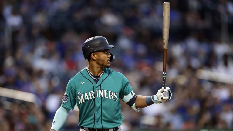 Seattle Mariners' Julio Rodriguez in action against the New York Mets during the first inning of a baseball game Friday, Sept. 1, 2023, in New York. (Adam Hunger/AP)