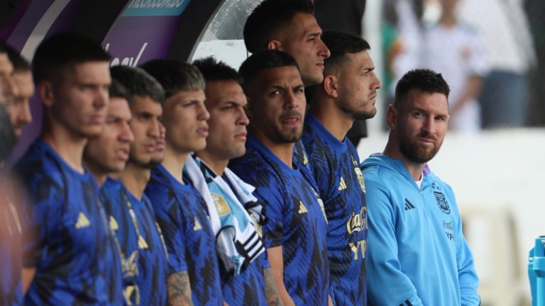 Argentina's Lionel Messi, right, stands with teammates prior a qualifying soccer match for the FIFA World Cup 2026 against Bolivia at the Hernando Siles stadium in La Paz, Bolivia, Tuesday, Sept. 12, 2023. (Gaston Brito/AP) 