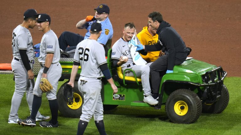 New York Yankees relief pitcher Anthony Misiewicz is taken off the field after being injured during the sixth inning of the tema's baseball game against the Pittsburgh Pirates in Pittsburgh, Friday, Sept. 15, 2023. (Gene J. Puskar/AP)