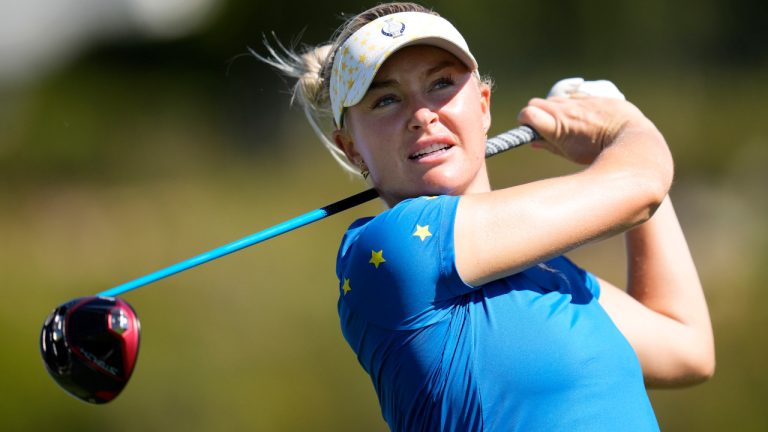 Europe's Charley Hull plays a tee shot on hole number 4, during her eighteen match at the Solheim Cup golf tournament in Finca Cortesin, near Casares, southern Spain, Sunday, Sept. 24, 2023. (Bernat Armangue/AP)