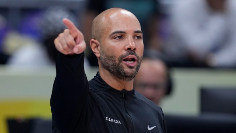 Canada coach Jordi Fernandez Torres gestures during the Basketball World Cup bronze medal game between the United States and Canada in Manila, Philippines, Sunday, Sept. 10, 2023. (Michael Conroy/AP)