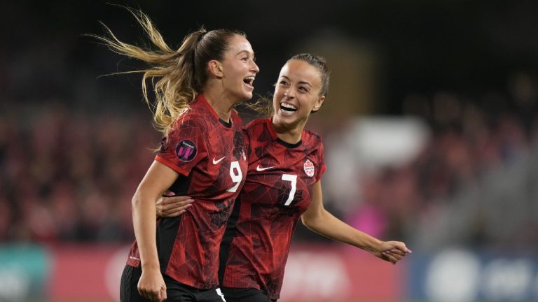 Canada's Jordyn Huitema, 9, celebrates her goal with teammate Julia Groos during second half CONCACAF women's championship soccer series match against Jamaica in Toronto on Tuesday Sept. 26, 2023. (Nathan Denette/CP)