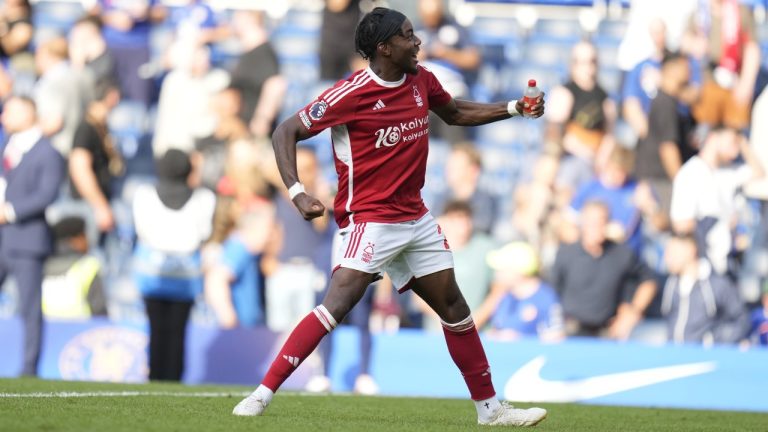 Nottingham Forest's Anthony Elanga, who scored the victory goal, celebrates at the end of the English Premier League soccer match between Chelsea and Nottingham Forest at Stamford Bridge stadium in London, Saturday, Sept. 2, 2023. (Kirsty Wigglesworth/AP)