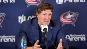 Former Columbus Blue Jackets NHL hockey head coach Mike Babcock speaks to the media during an introductory press conference Saturday, July 1, 2023, in Columbus, Ohio. (Kyle Robertson/The Columbus Dispatch via AP)