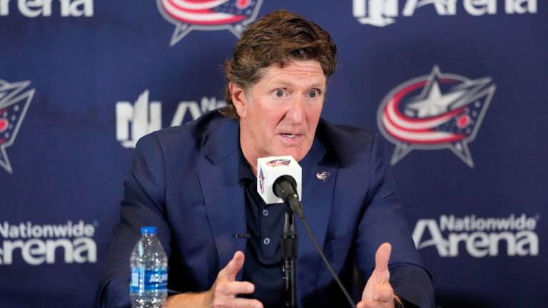 New Columbus Blue Jackets NHL hockey head coach Mike Babcock speaks to the media during an introductory press conference Saturday, July 1, 2023, in Columbus, Ohio. (Kyle Robertson/The Columbus Dispatch via AP)