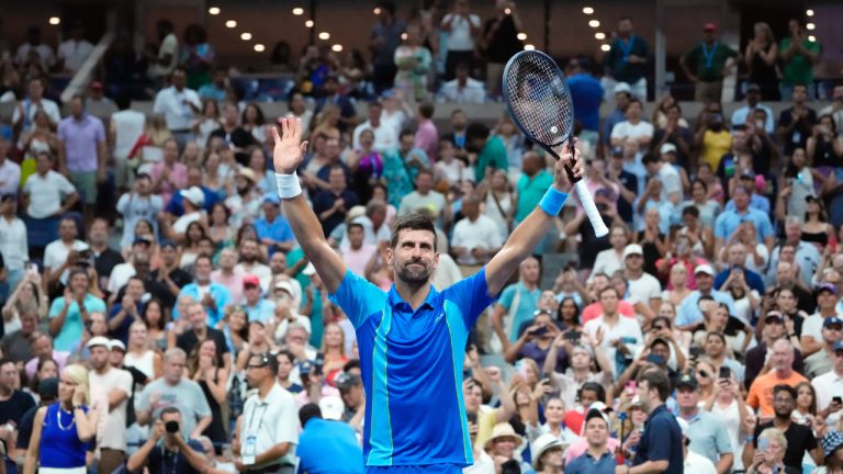Novak Djokovic, of Serbia, celebrates after defeating Borna Gojo, of Croatia, during the fourth round of the U.S. Open tennis championships, Sunday, Sept. 3, 2023, in New York. (John Minchillo/AP)