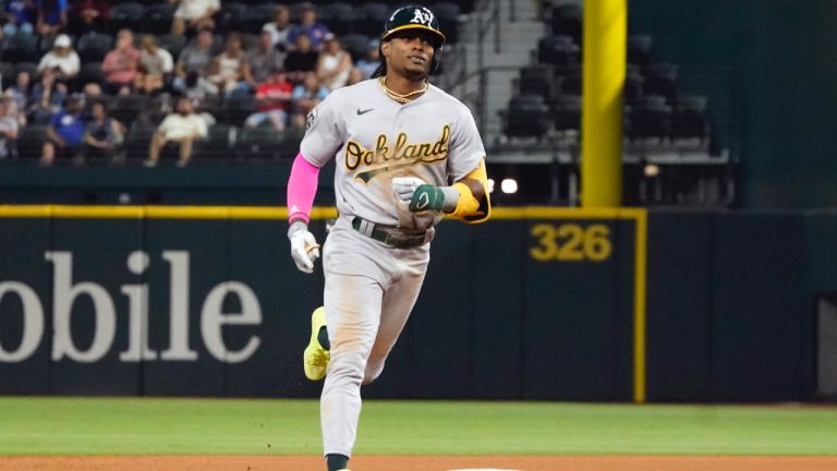 Oakland Athletics' Esteury Ruiz runs the bases after hitting a solo home run during the fifth inning of a baseball game against the Texas Rangers in Arlington, Texas, Friday, Sept. 8, 2023. (LM Otero/AP)