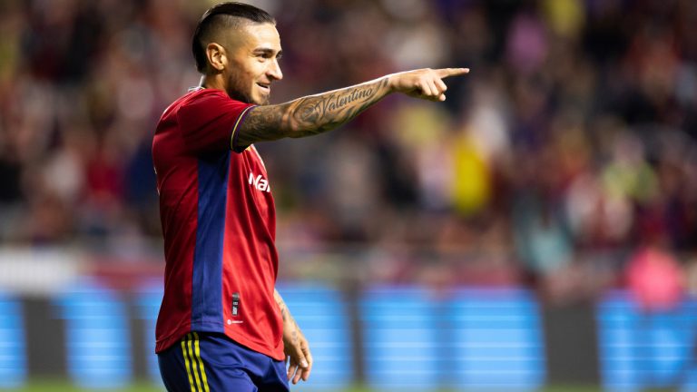 Real Salt Lake attacker Cristian Arango (9) celebrates a goal by teammate Real Salt Lake forward Carlos Andrés Gómez (11) during an MLS soccer match against the Vancouver Whitecaps on Saturday, Sept. 23, 2023, in Sandy, Utah. (Megan Nielsen/The Deseret News via AP)