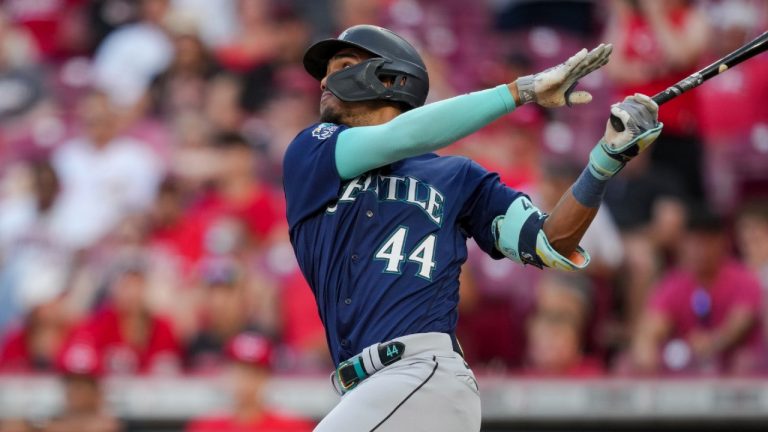 Seattle Mariners' Julio Rodriguez bats during a baseball game against the Cincinnati Reds in Cincinnati, Monday, Sept. 4, 2023. (Aaron Doster/AP)