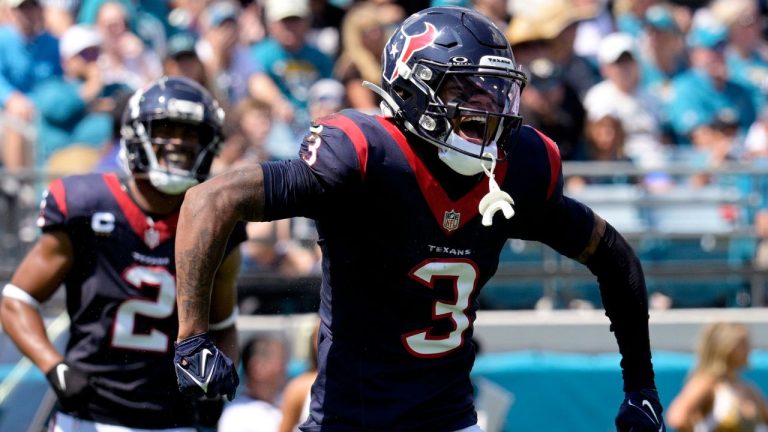 Houston Texans wide receiver Tank Dell celebrates a catch against the Jacksonville Jaguars during the first half of an NFL football game, Sunday, Sept. 24, 2023, in Jacksonville, Fla. (Phelan M. Ebenhack/AP Photo)