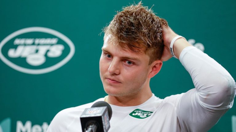New York Jets quarterback Zach Wilson answers questions during a news conference after an NFL football game against the New England Patriots, Sunday, Sept. 24, 2023, in East Rutherford, N.J. (Adam Hunger/AP Photo)