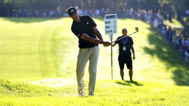 Sweden's Ludvig Aberg in action, during day one of the PGA Championship at Wentworth Golf Club. (Zac Goodwin/AP)