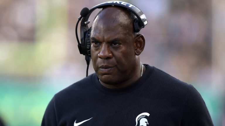 Michigan State coach Mel Tucker walks the sideline during the second half of an NCAA college football game against Richmond, Saturday, Sept. 9, 2023, in East Lansing, Mich. Michigan State won 45-14. (Al Goldis/AP)