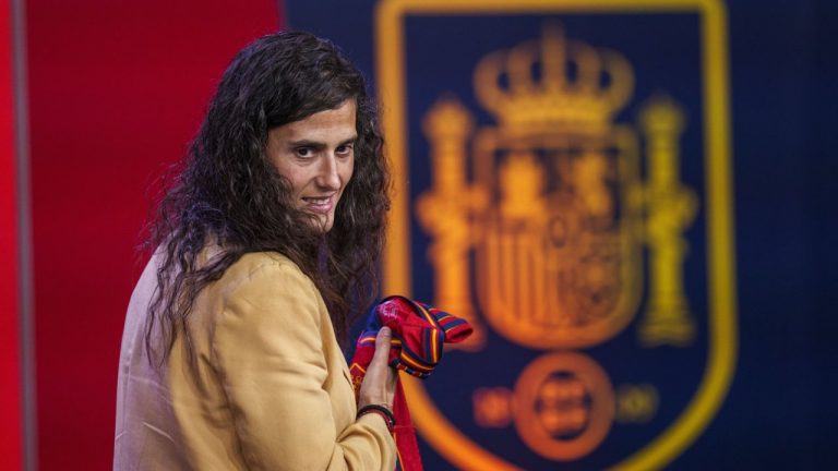 Spain's new women's national team coach, Montse Tome, looks on during her official presentation at the Spanish soccer federation headquarters in Las Rozas, just outside of Madrid, Spain, Monday, Sept. 18, 2023. (Manu Fernandez/AP)
