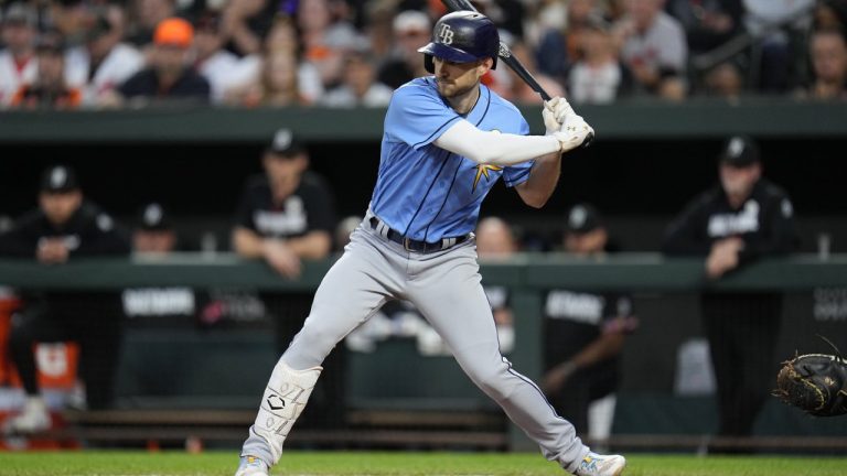 Tampa Bay Rays' Brandon Lowe waits for a pitch against the Baltimore Orioles in the first inning of a baseball game, Friday, Sept. 15, 2023, in Baltimore. (Julio Cortez/AP)