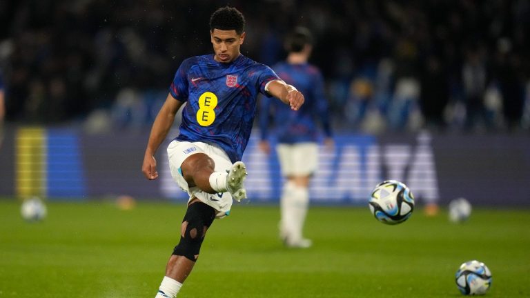 England's Jude Bellingham kicks the ball during the warm up before the Euro 2024 group C qualifying soccer match between Italy and England at the Diego Armando Maradona stadium in Naples, Italy, Thursday, March 23, 2023. (Alessandra Tarantino/AP)
