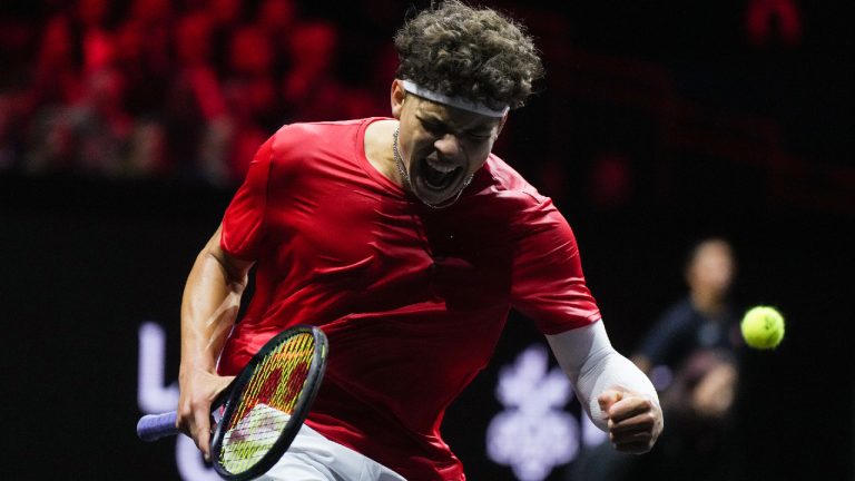Team World's Ben Shelton celebrates after winning a game against Team Europe's Arthur Fils during the second set of a Laver Cup tennis singles match, in Vancouver, on Friday, September 22, 2023. (Darryl Dyck/CP)